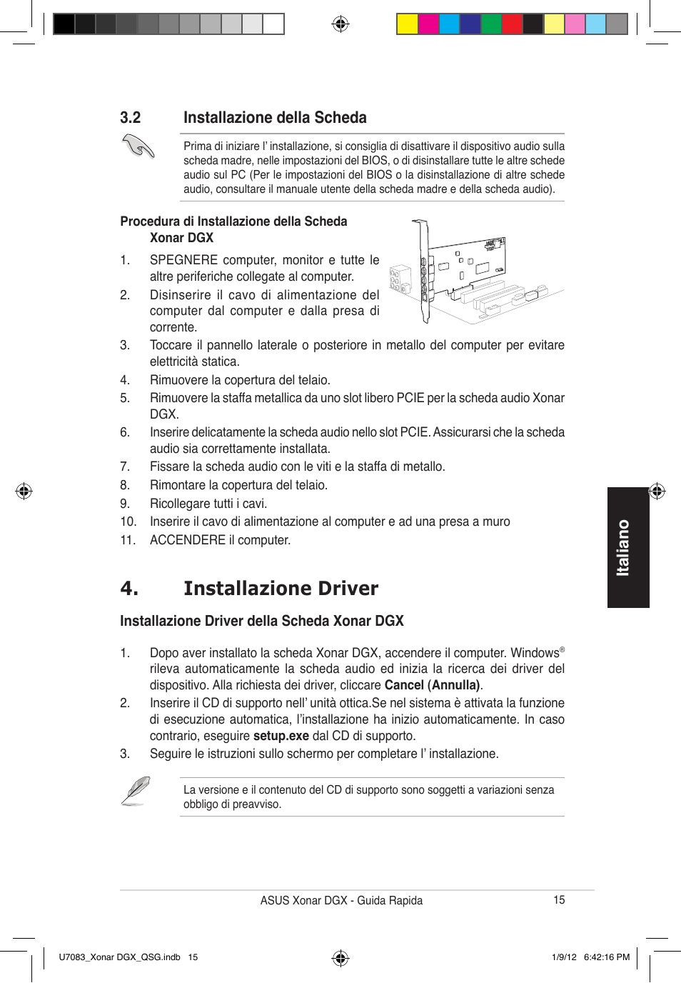 Installazione driver, Italiano, 2 installazione della scheda | Asus Xonar DGX User Manual | Page 17 / 33