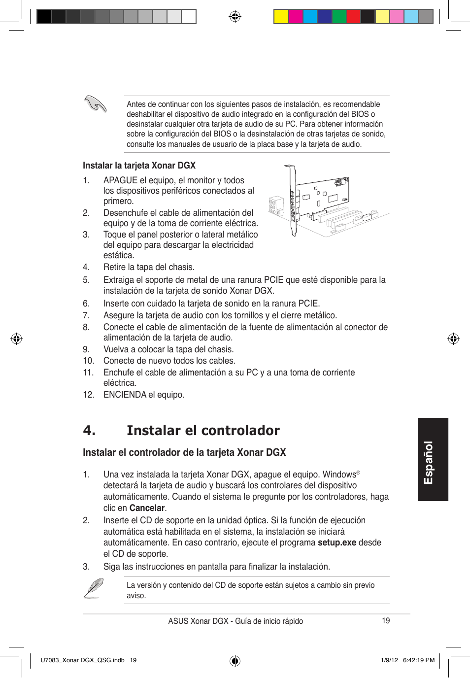 Instalar el controlador, Español | Asus Xonar DGX User Manual | Page 21 / 33