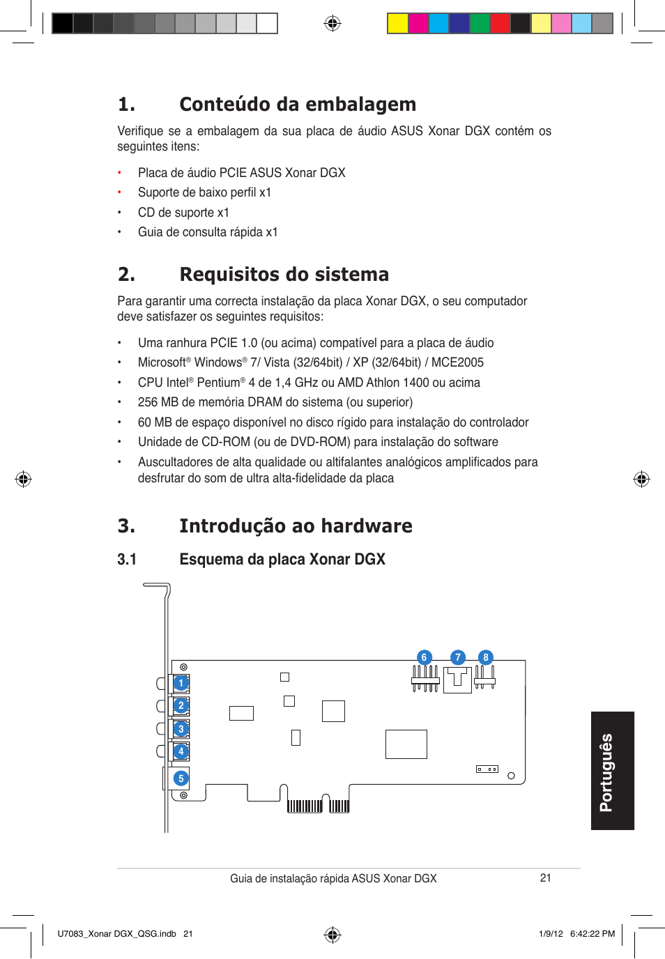 Conteúdo da embalagem, Requisitos do sistema, Introdução ao hardware | Português, 1 esquema da placa xonar dgx | Asus Xonar DGX User Manual | Page 23 / 33