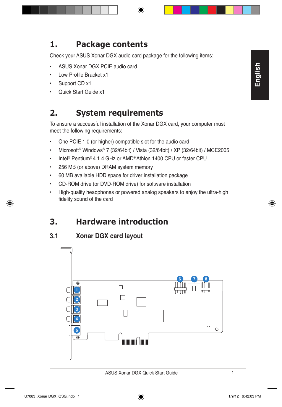 Package contents, System requirements, Hardware introduction | English, 1 xonar dgx card layout | Asus Xonar DGX User Manual | Page 3 / 33