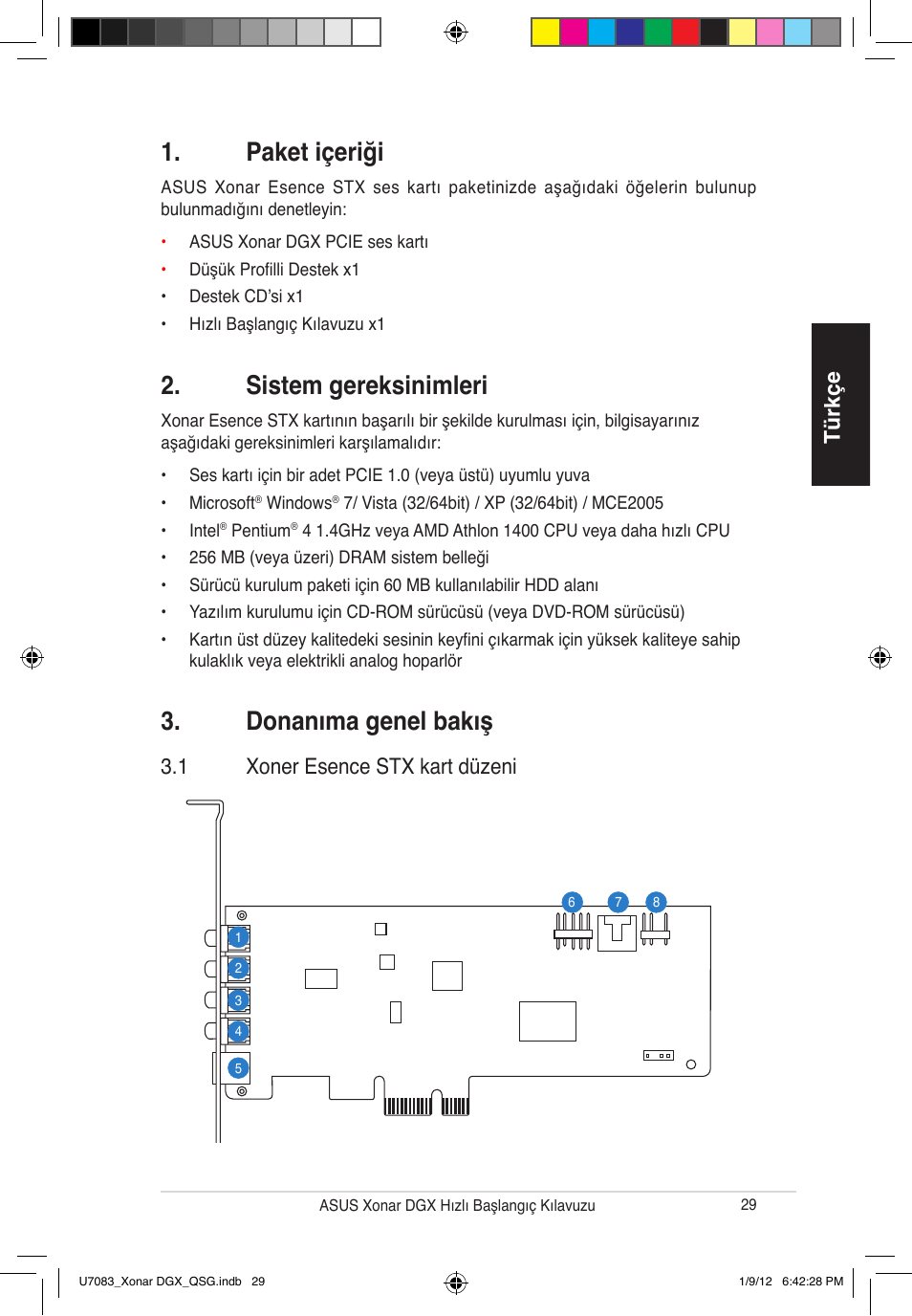 Paket içeriği, Sistem gereksinimleri, Donanıma genel bakış | Türkçe, 1 xoner esence stx kart düzeni | Asus Xonar DGX User Manual | Page 31 / 33