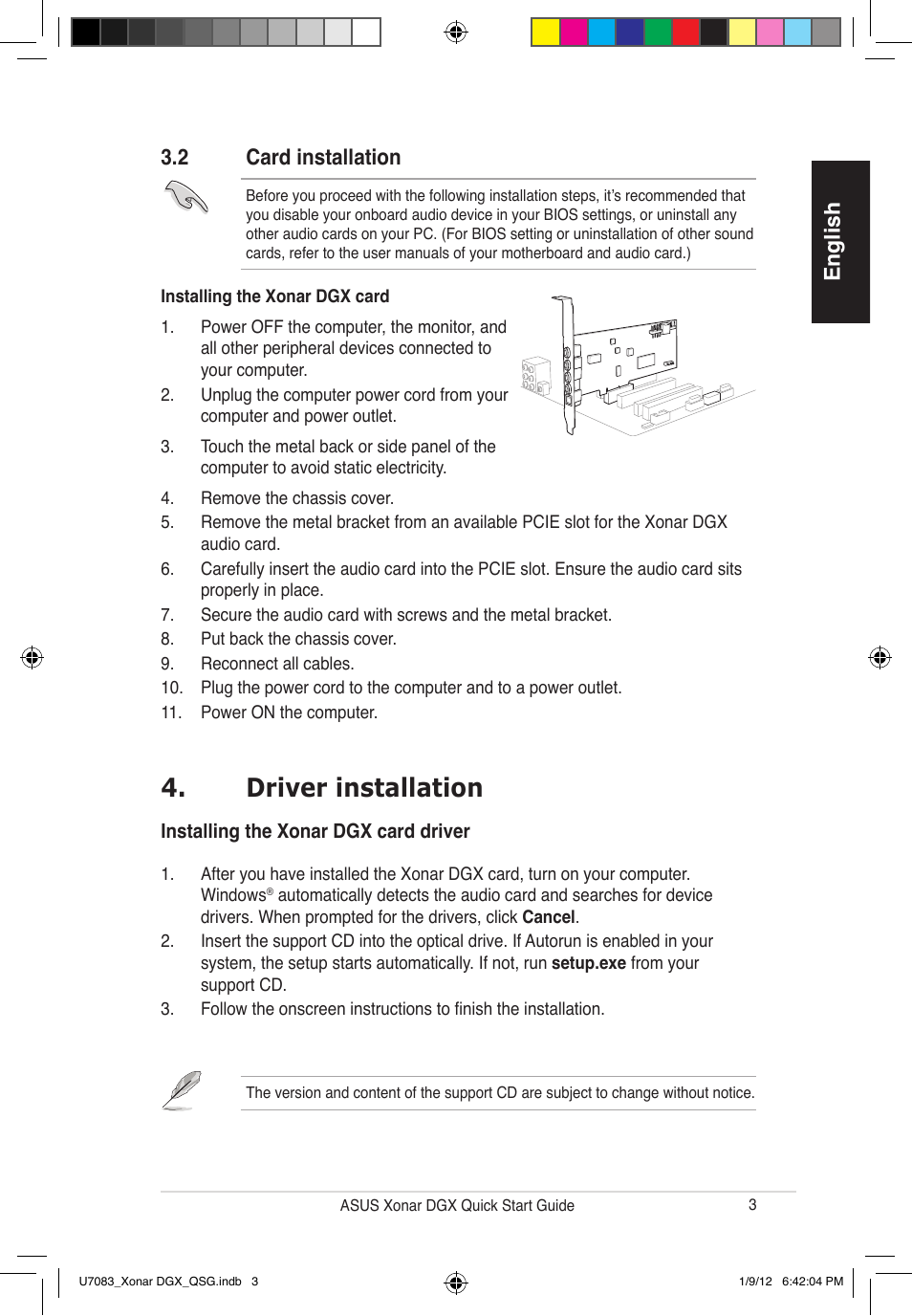 Driver installation, English, 2 card installation | Asus Xonar DGX User Manual | Page 5 / 33