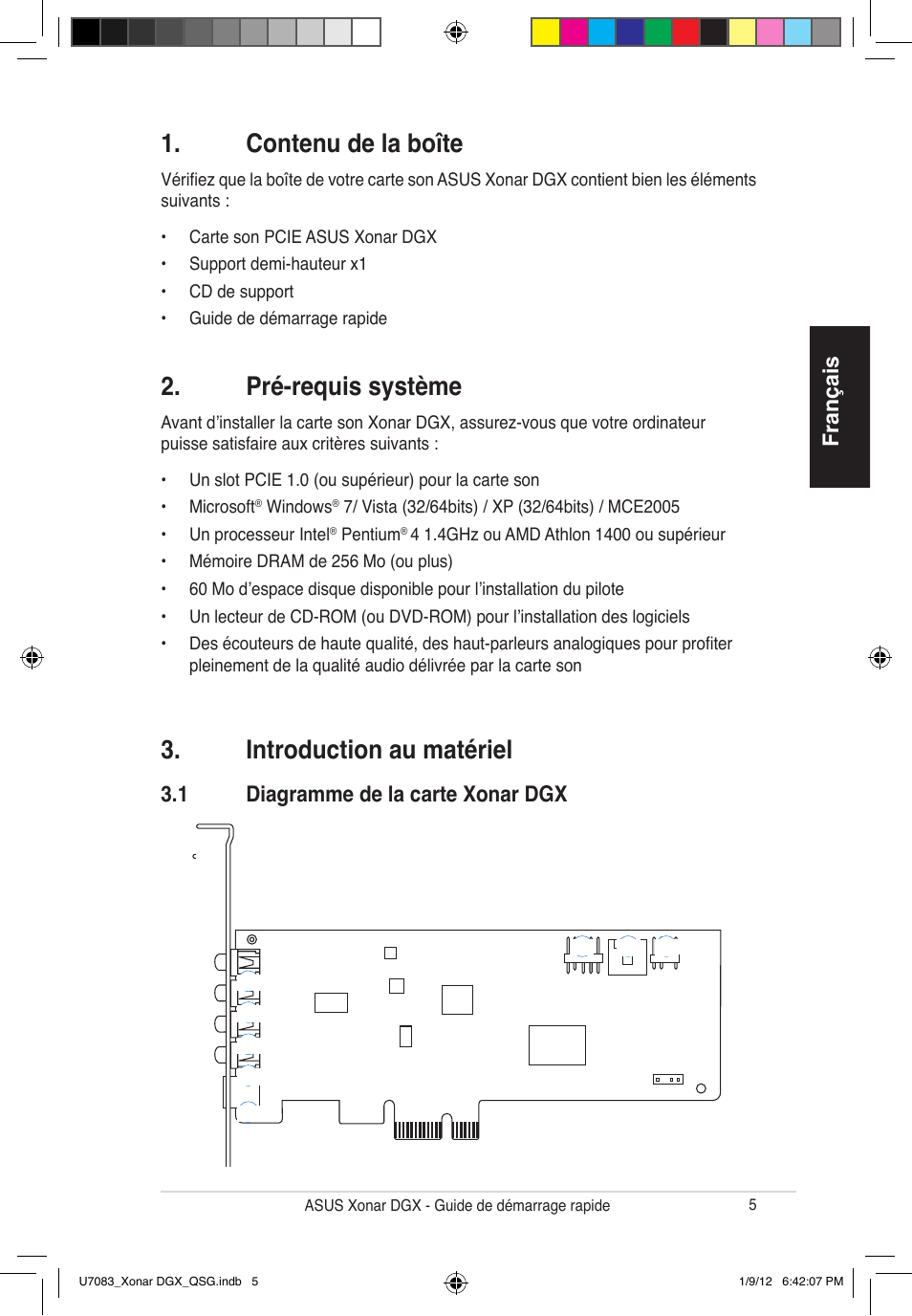 Contenu de la boîte, Pré-requis système, Introduction au matériel | Français, 1 diagramme de la carte xonar dgx | Asus Xonar DGX User Manual | Page 7 / 33