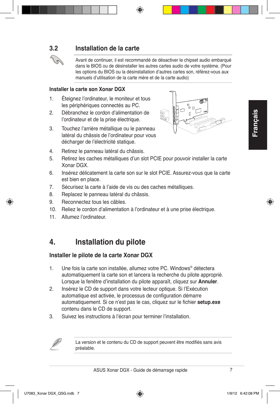 Installation du pilote, Français, 2 installation de la carte | Asus Xonar DGX User Manual | Page 9 / 33