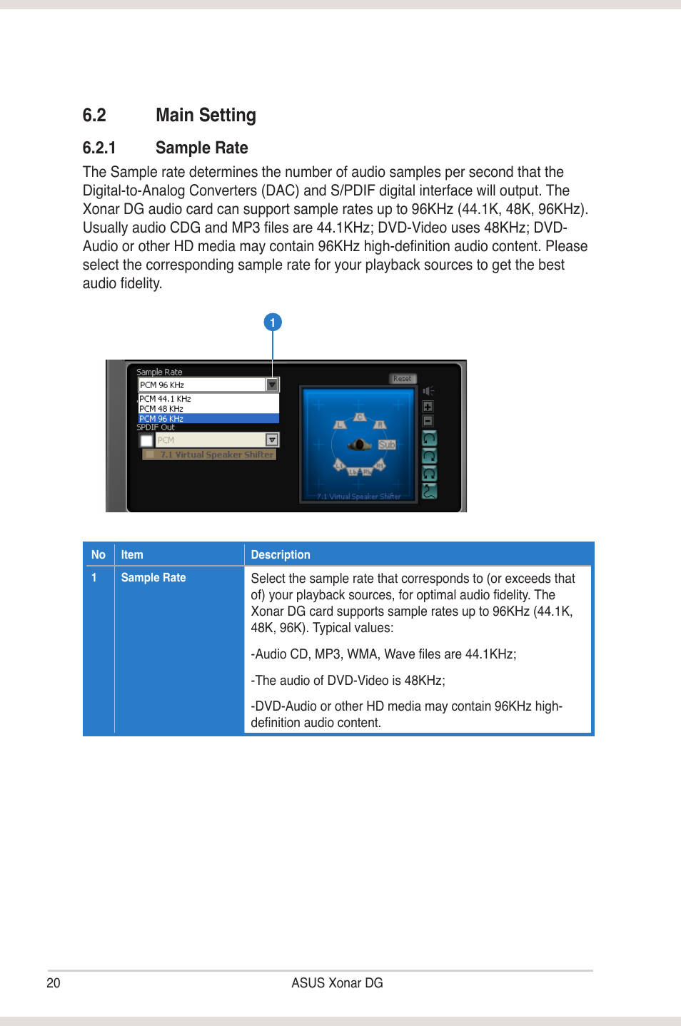 2 main setting, 1 sample rate | Asus Xonar DG User Manual | Page 26 / 54