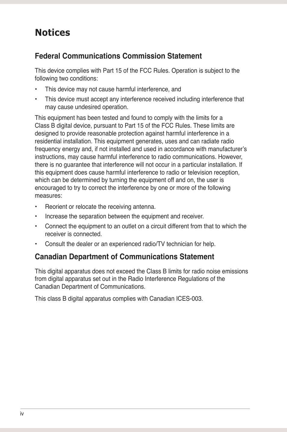 Notices, Federal communications commission statement, Canadian department of communications statement | Asus Xonar DG User Manual | Page 4 / 54