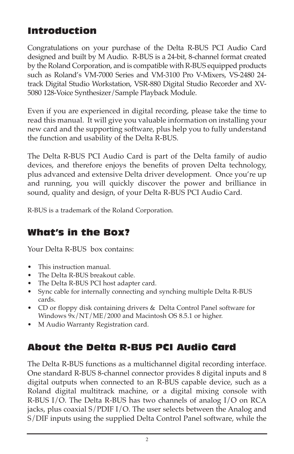 Introduction, What’s in the box, About the delta r-bus pci audio card | M-AUDIO Delta RBUS User Manual | Page 2 / 60