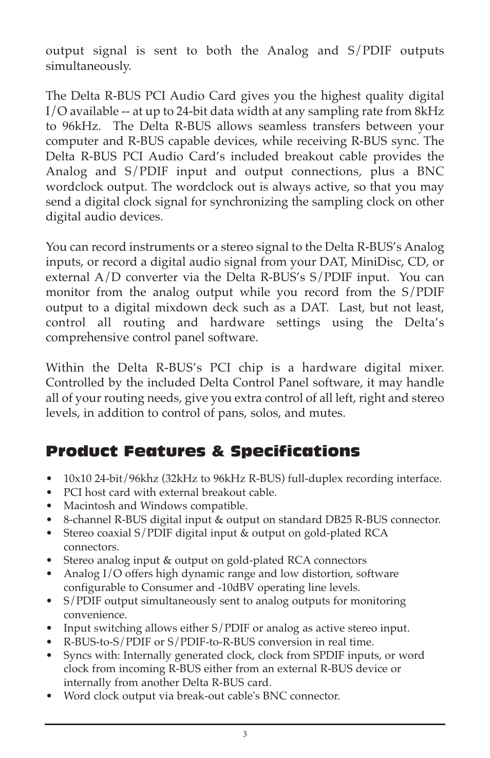 Product features & specifications | M-AUDIO Delta RBUS User Manual | Page 3 / 60