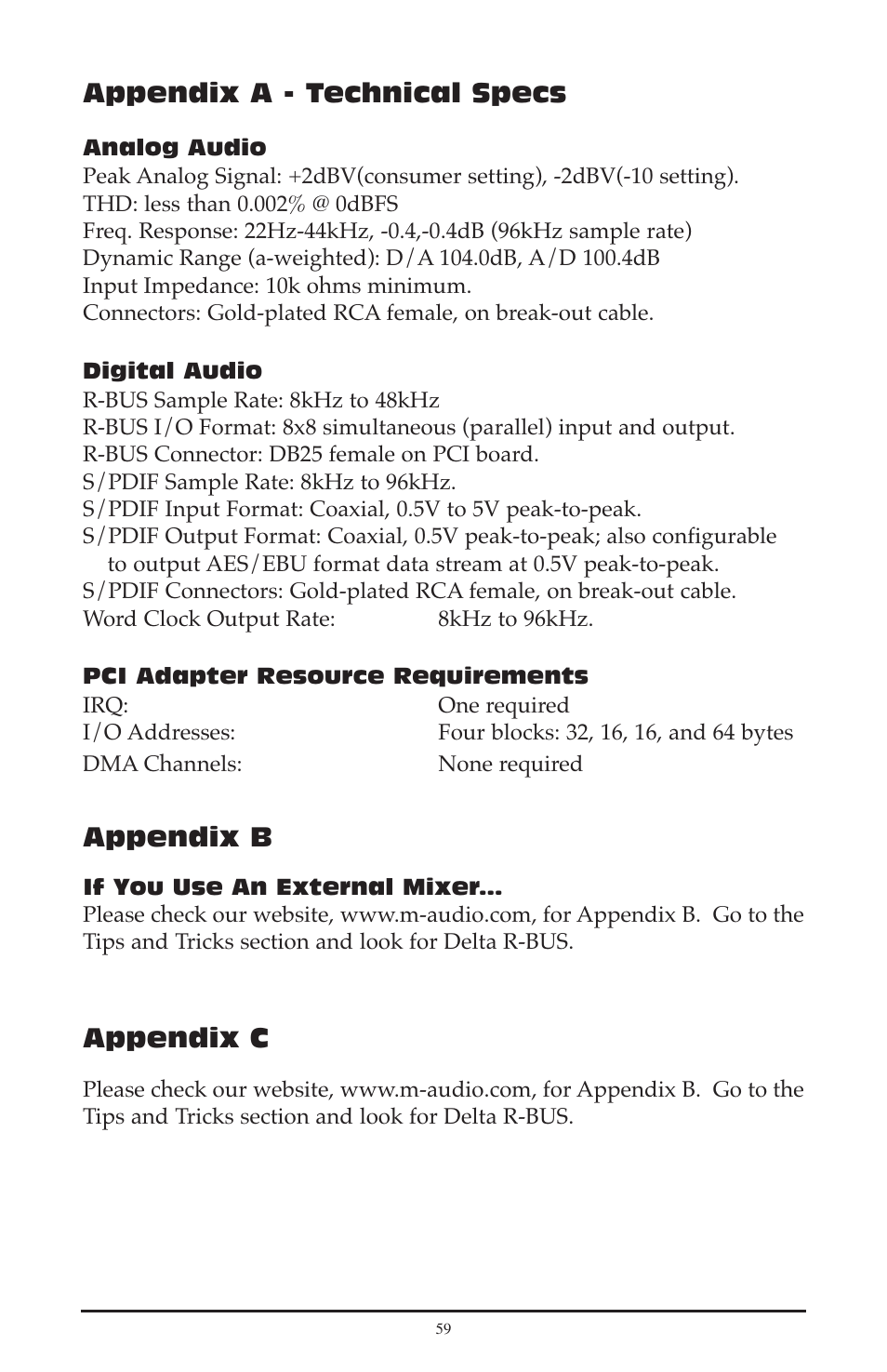 Appendix a - technical specs, Appendix b, Appendix c | M-AUDIO Delta RBUS User Manual | Page 59 / 60