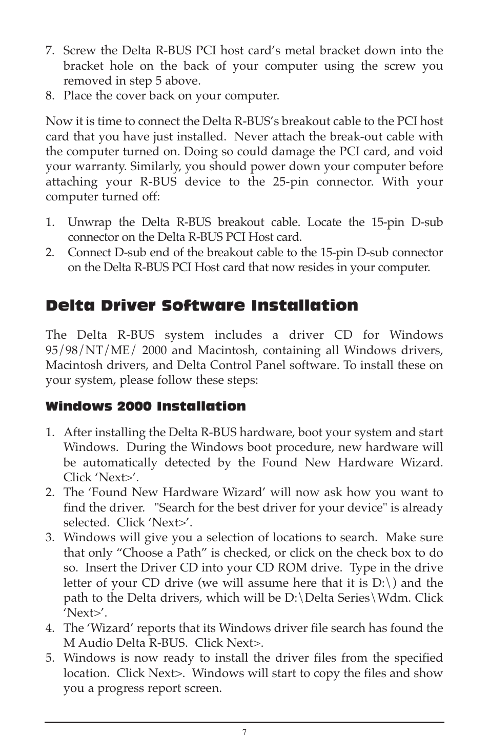 Delta driver software installation | M-AUDIO Delta RBUS User Manual | Page 7 / 60