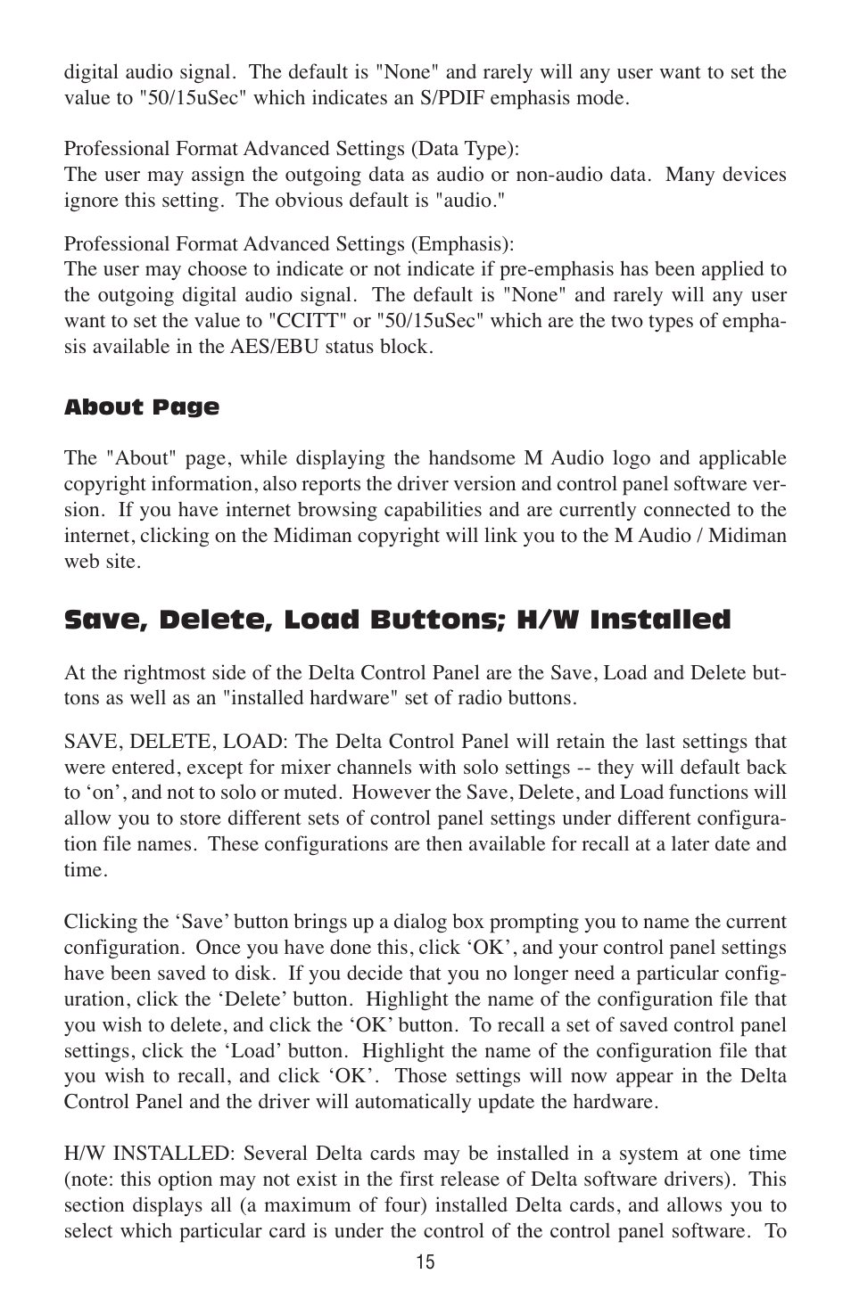 Save, delete, load buttons; h/w installed | M-AUDIO Delta DiO 2496 User Manual | Page 15 / 24