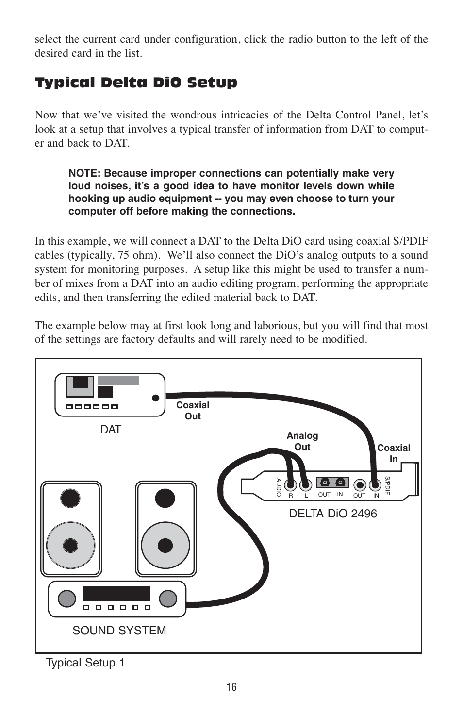 Typical delta dio setup, Sound system dat delta dio 2496, Typical setup 1 | M-AUDIO Delta DiO 2496 User Manual | Page 16 / 24