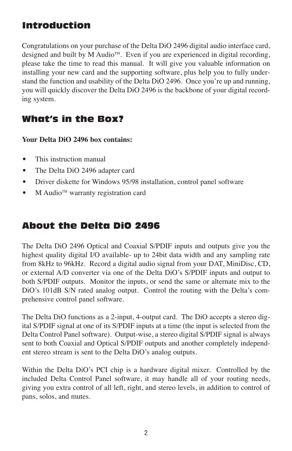 Introduction, What’s in the box, About the delta dio 2496 | M-AUDIO Delta DiO 2496 User Manual | Page 2 / 24