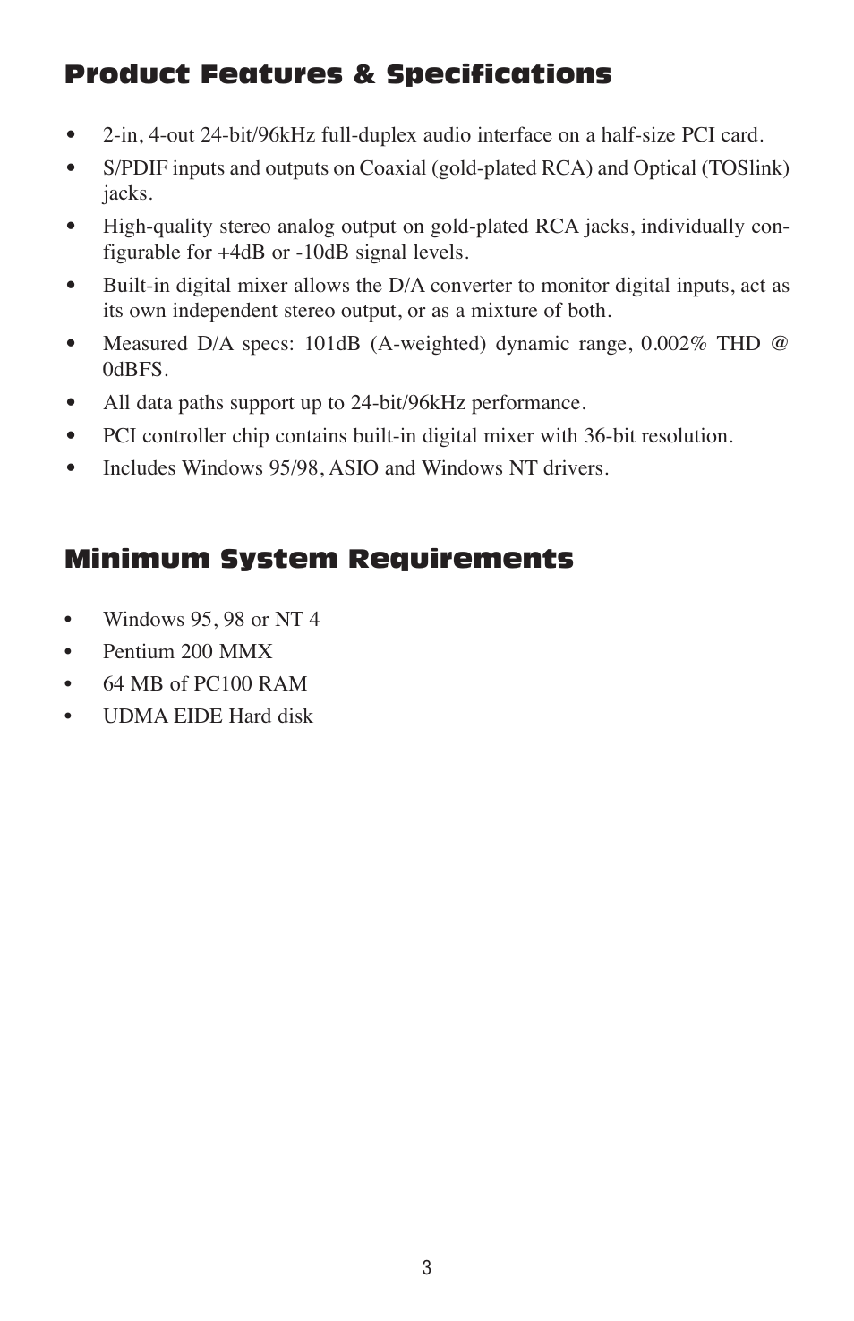 Product features & specifications, Minimum system requirements | M-AUDIO Delta DiO 2496 User Manual | Page 3 / 24