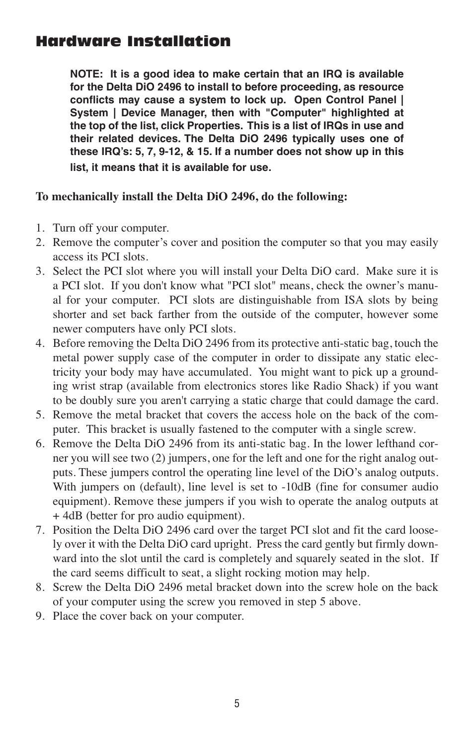 Hardware installation | M-AUDIO Delta DiO 2496 User Manual | Page 5 / 24