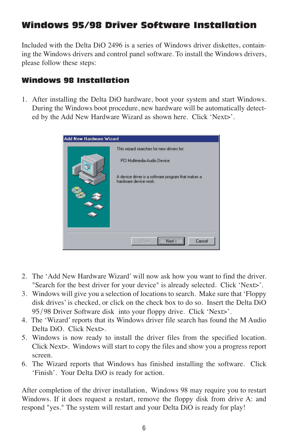 Windows 95/98 driver software installation | M-AUDIO Delta DiO 2496 User Manual | Page 6 / 24