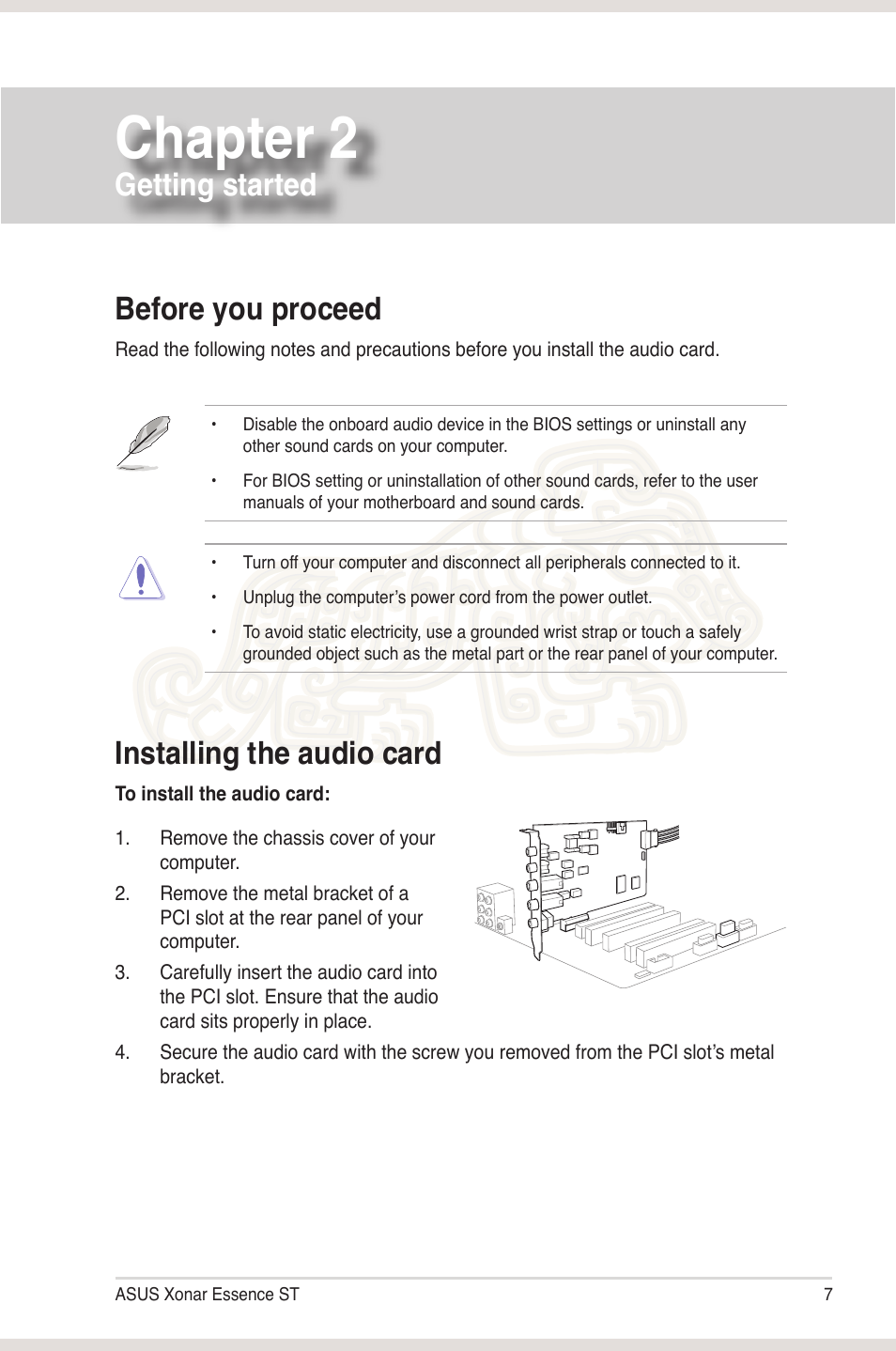 Chapter 2: getting started, Before you proceed, Installing the audio card | Chapter 2, Before you proceed installing the audio card, Getting started | Asus Xonar Essence ST User Manual | Page 14 / 52