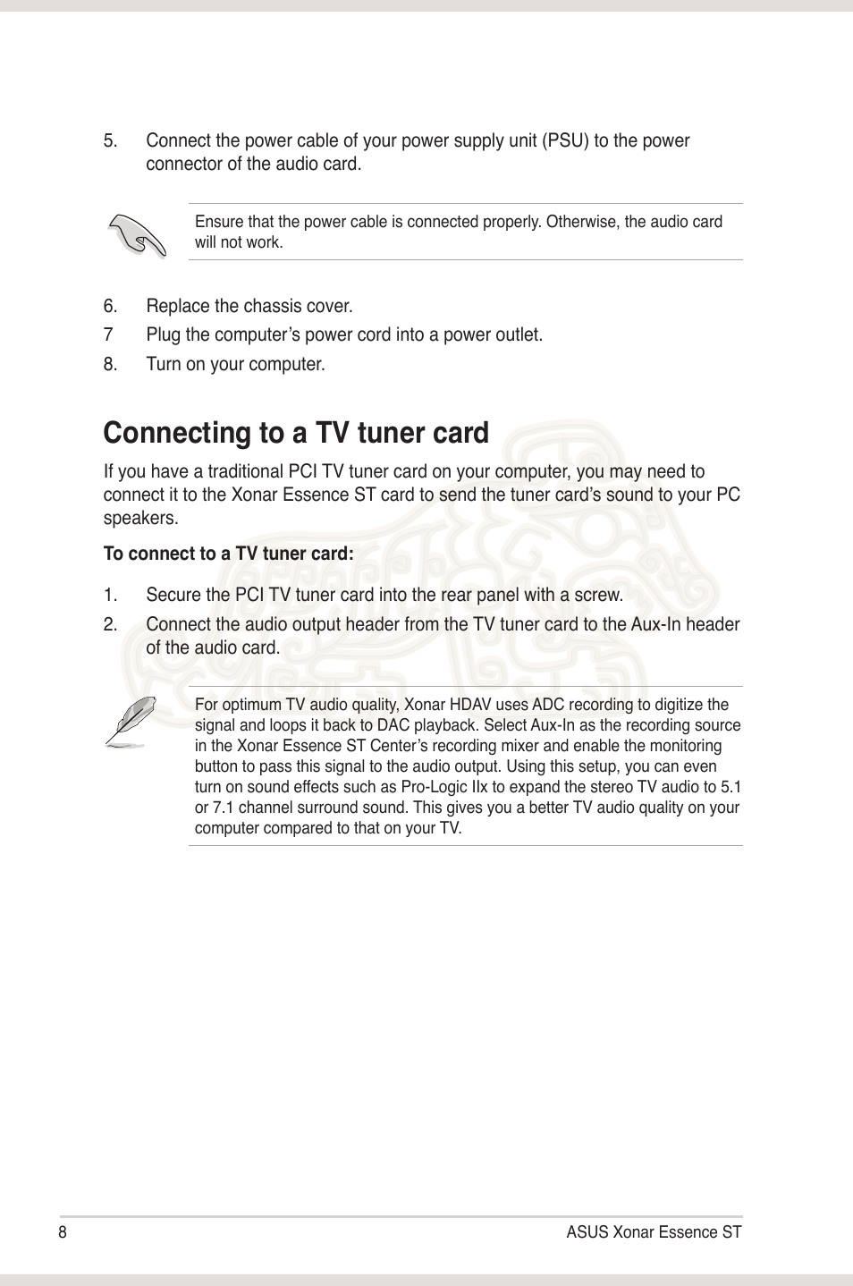 Connecting to a tv tuner card | Asus Xonar Essence ST User Manual | Page 15 / 52
