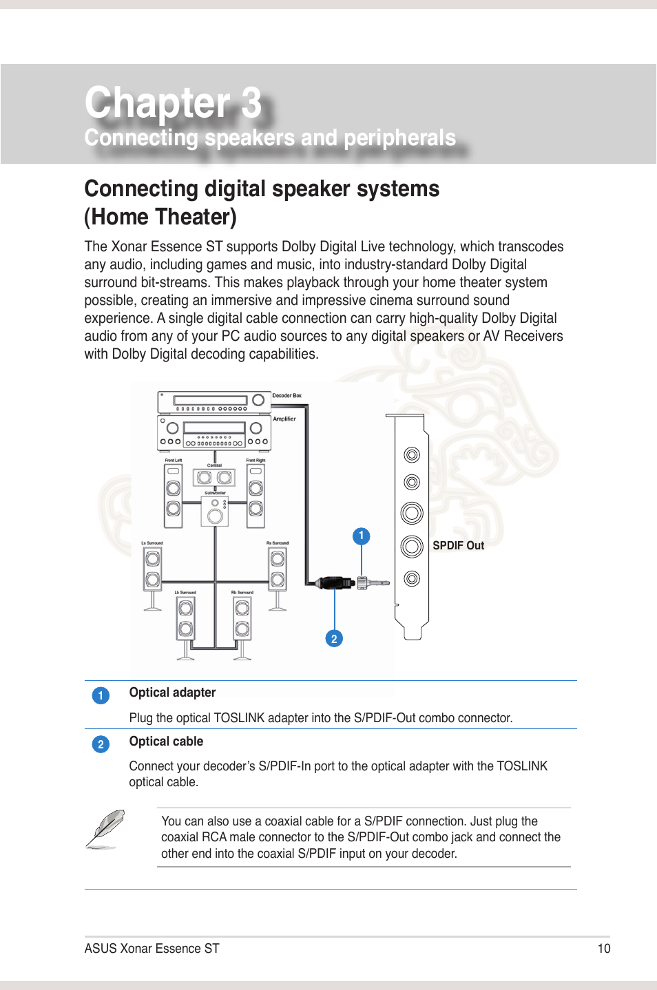 Chapter 3: connecting speakers and peripherals, Connecting digital speaker systems (home theater), Chapter 3 | Connecting speakers and peripherals | Asus Xonar Essence ST User Manual | Page 17 / 52