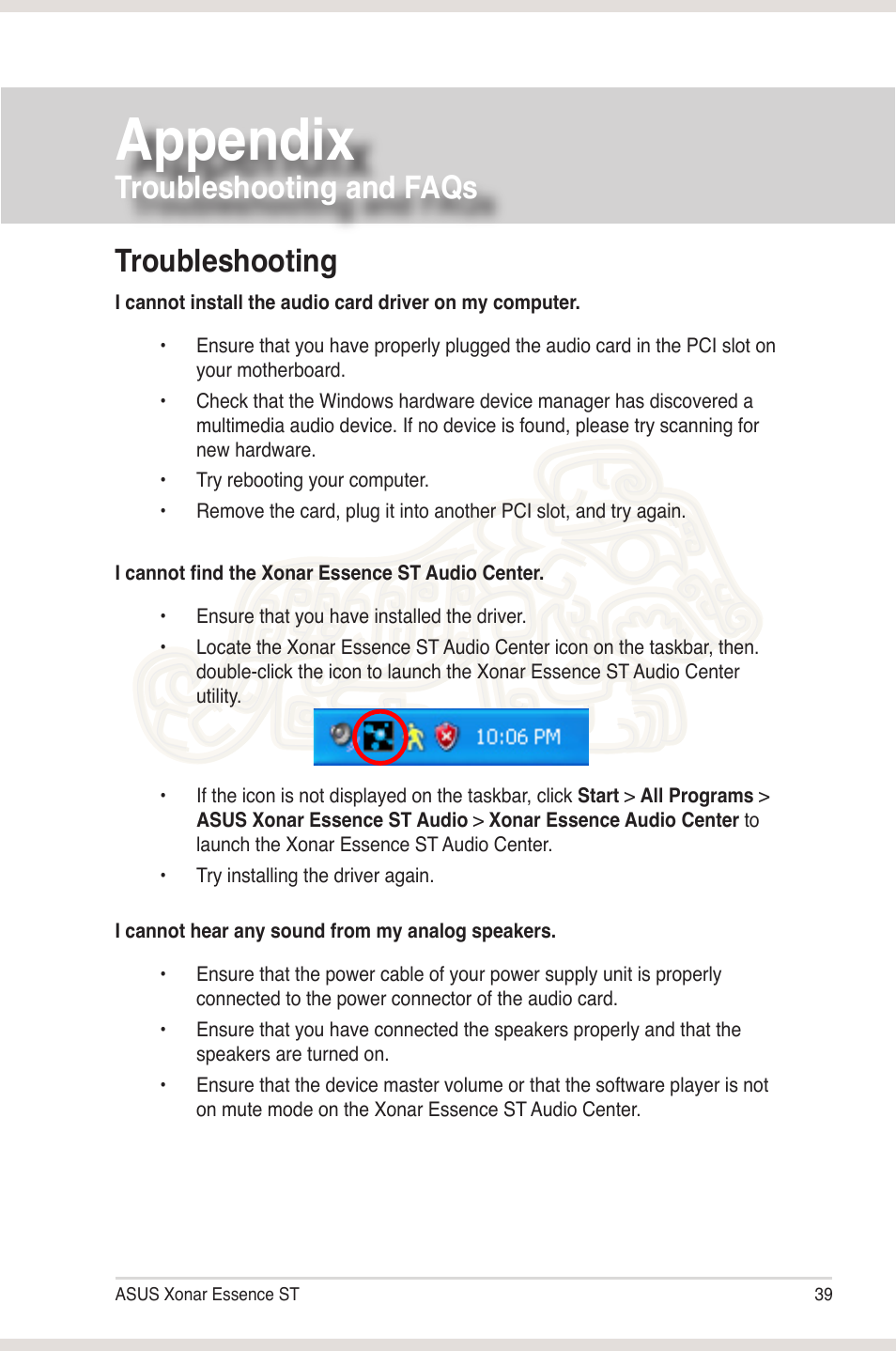 Appendix: troubleshooting and faqs, Troubleshooting, Appendix | Troubleshooting and faqs | Asus Xonar Essence ST User Manual | Page 46 / 52