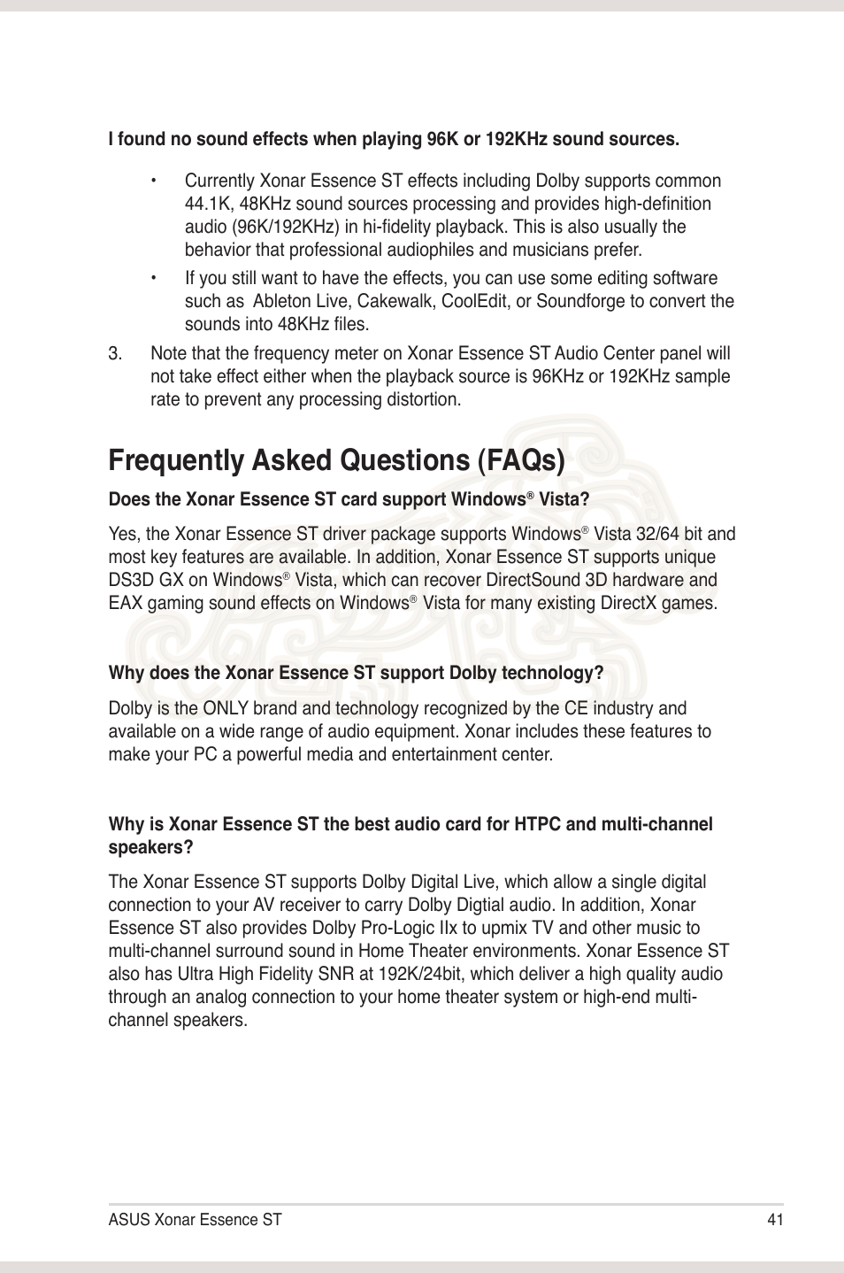 Frequently asked questions (faqs) | Asus Xonar Essence ST User Manual | Page 48 / 52