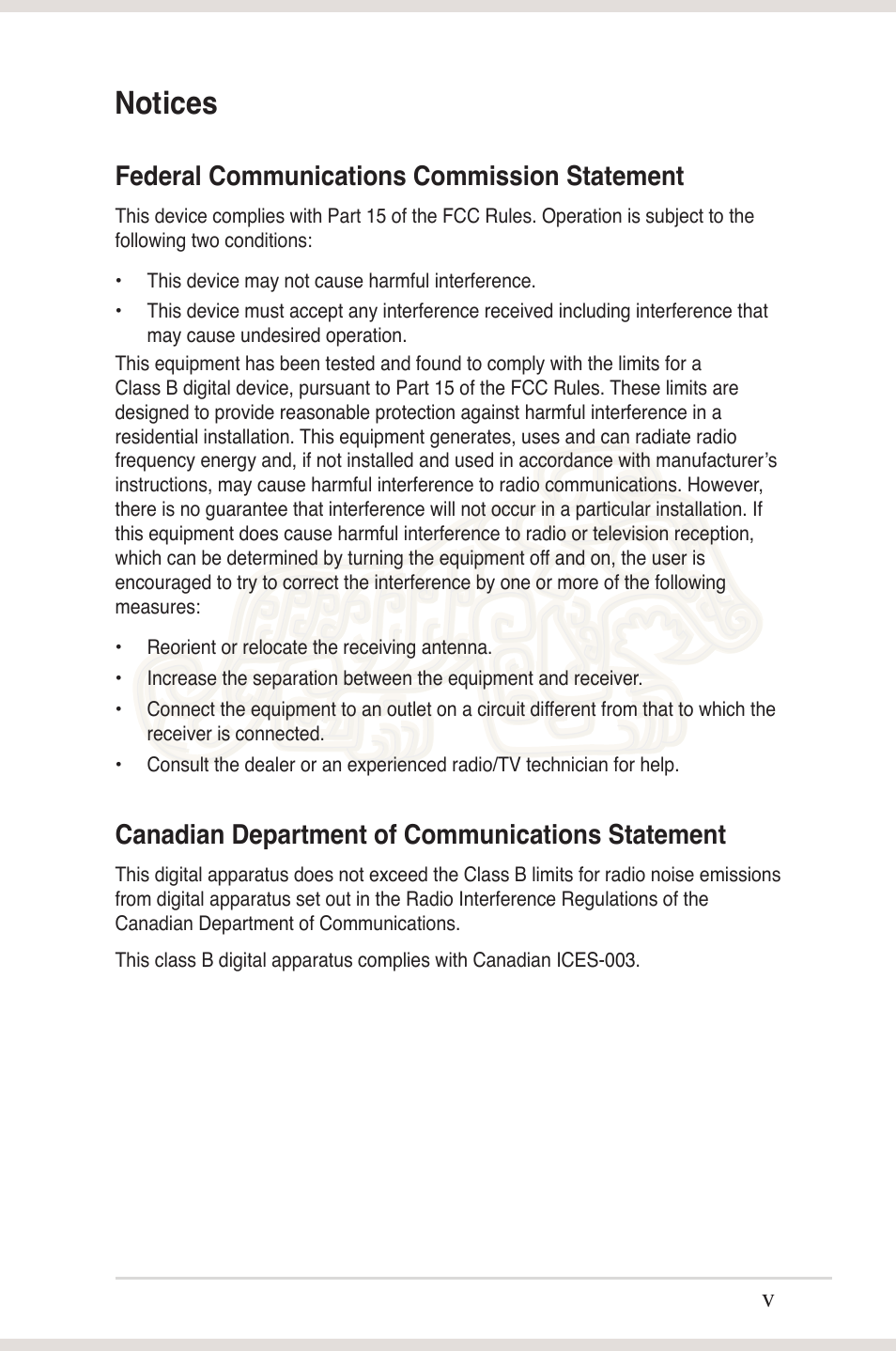 Notices, Federal communications commission statement, Canadian department of communications statement | Asus Xonar Essence ST User Manual | Page 5 / 52