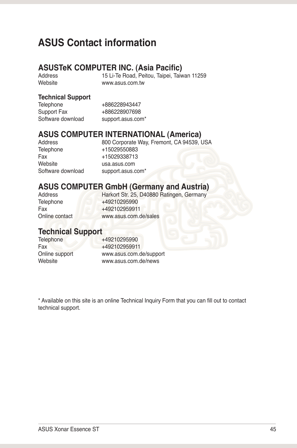 Asus contact information, Asustek computer inc. (asia pacific), Asus computer international (america) | Asus computer gmbh (germany and austria), Technical support | Asus Xonar Essence ST User Manual | Page 52 / 52