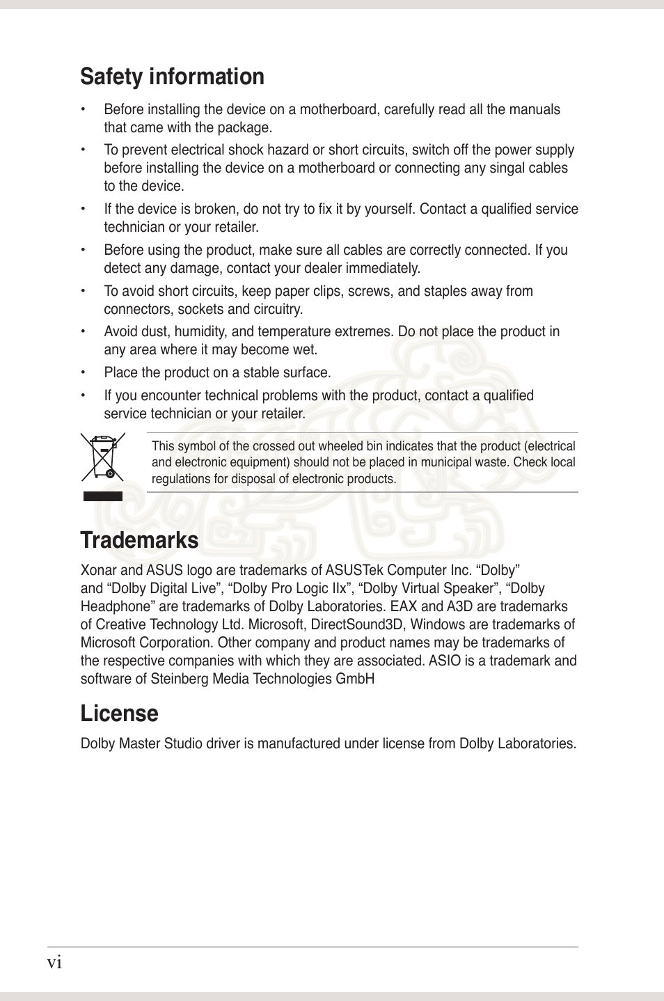 Safety information, Trademarks, License | Asus Xonar Essence ST User Manual | Page 6 / 52