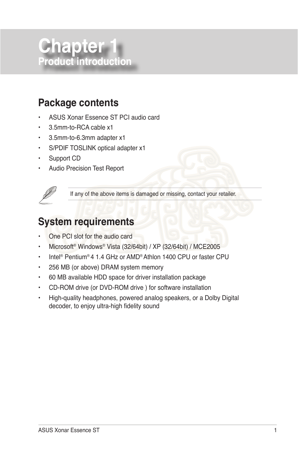 Chapter 1: product introduction, Package contents, System requirements | Chapter 1, Package contents system requirements, Product introduction | Asus Xonar Essence ST User Manual | Page 8 / 52