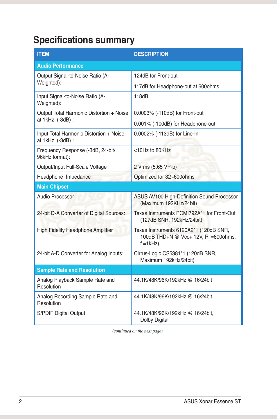 Specifications summary | Asus Xonar Essence ST User Manual | Page 9 / 52