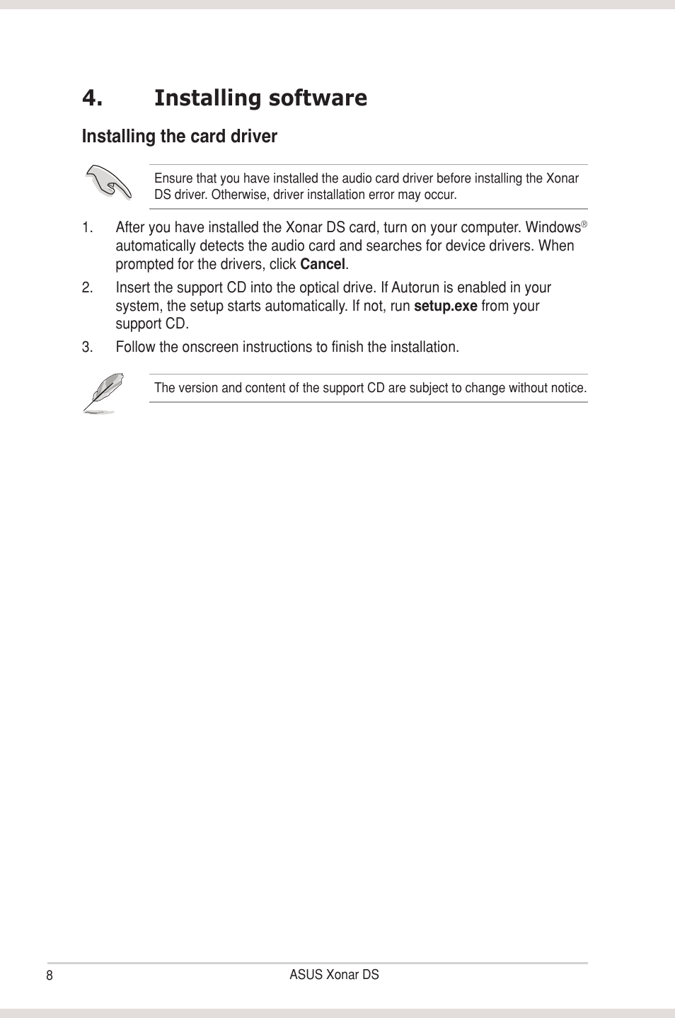 Installing software, Installing the card driver, Installing software installing the card driver | Asus Xonar DS User Manual | Page 14 / 54