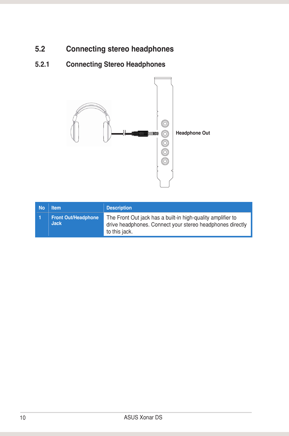 2 connecting stereo headphones, Connecting stereo headphones, 1 connecting stereo headphones | Asus Xonar DS User Manual | Page 16 / 54