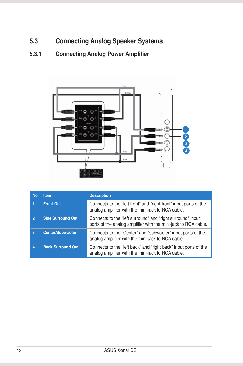 3 connecting analog speaker systems, Connecting analog speaker systems, 1 connecting analog power amplifier | Asus Xonar DS User Manual | Page 18 / 54