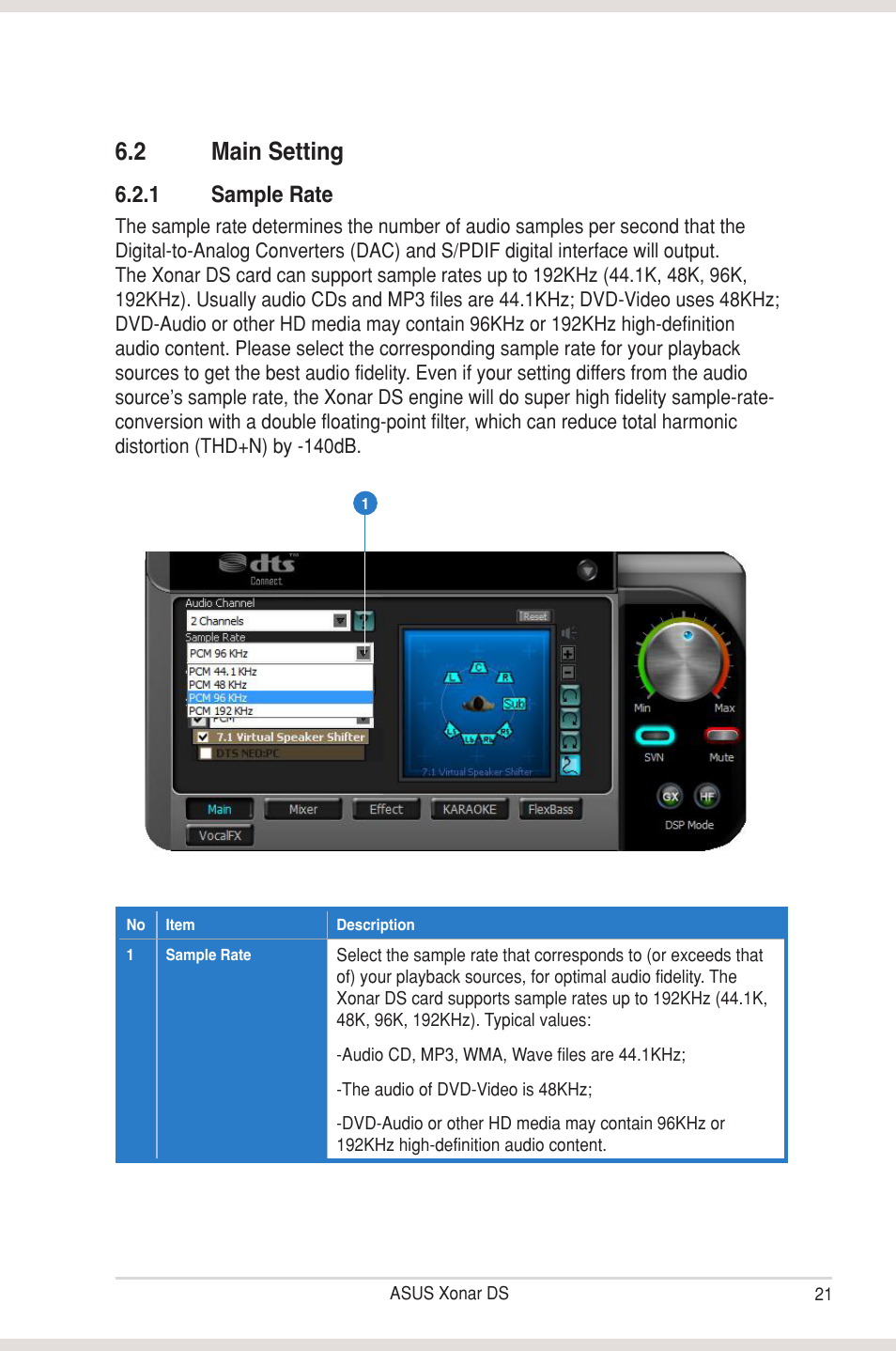 2 main setting, Main setting, 1 sample rate | Asus Xonar DS User Manual | Page 27 / 54