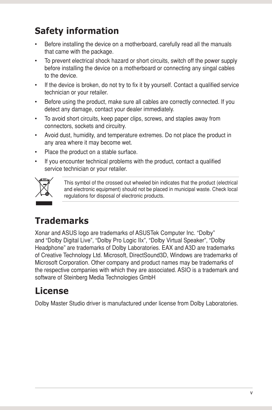 Safety information, Trademarks, License | Asus Xonar DS User Manual | Page 5 / 54