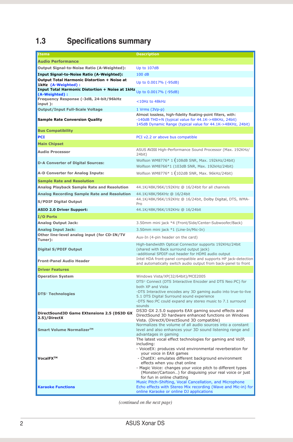 3 specifications summary, Specifications summary, 2asus xonar ds | Continued on the next page) | Asus Xonar DS User Manual | Page 8 / 54