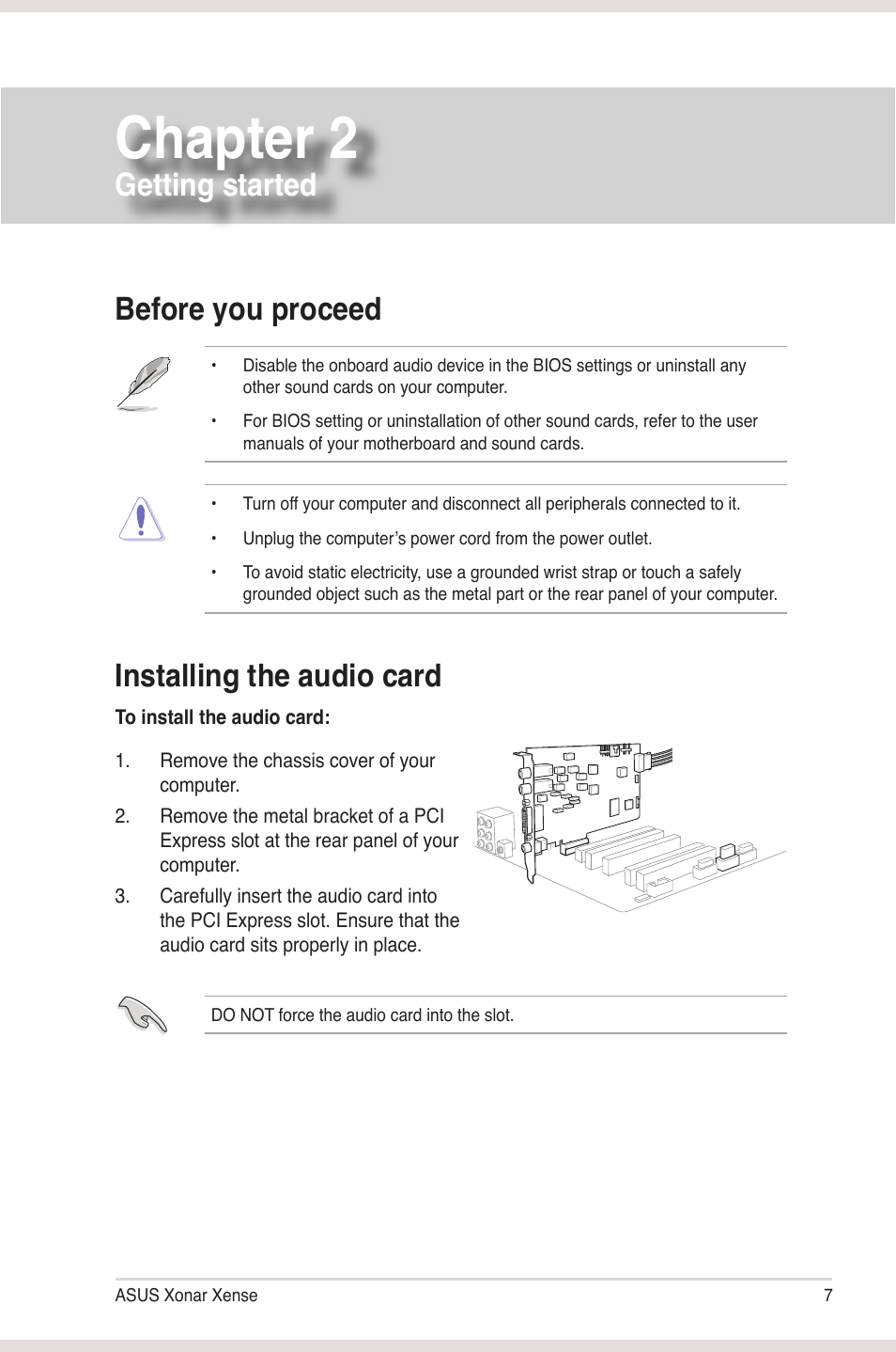 Chapter 2: getting started, Before you proceed, Installing the audio card | Getting started, Before you proceed installing the audio card, Chapter 2 | Asus Xonar Xense User Manual | Page 15 / 45