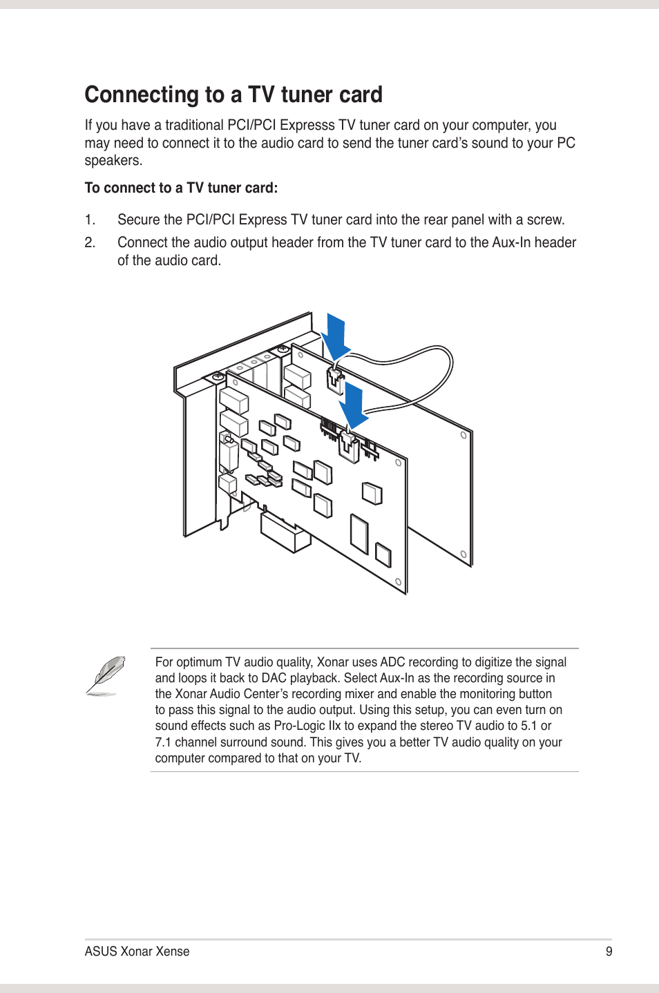 Connecting to a tv tuner card | Asus Xonar Xense User Manual | Page 17 / 45