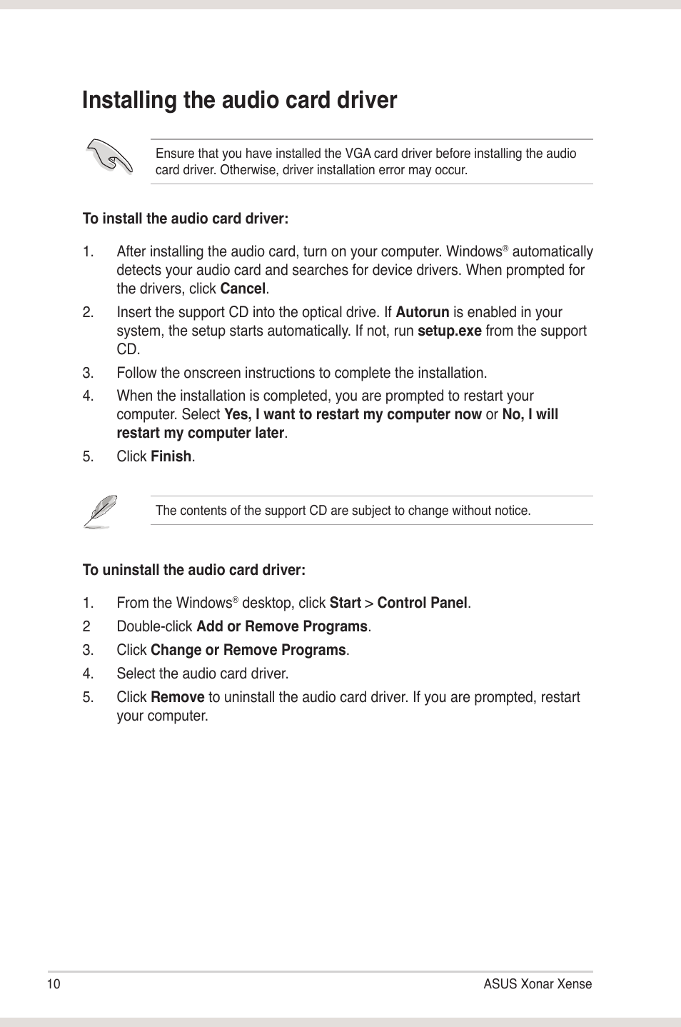 Installing the audio card driver | Asus Xonar Xense User Manual | Page 18 / 45