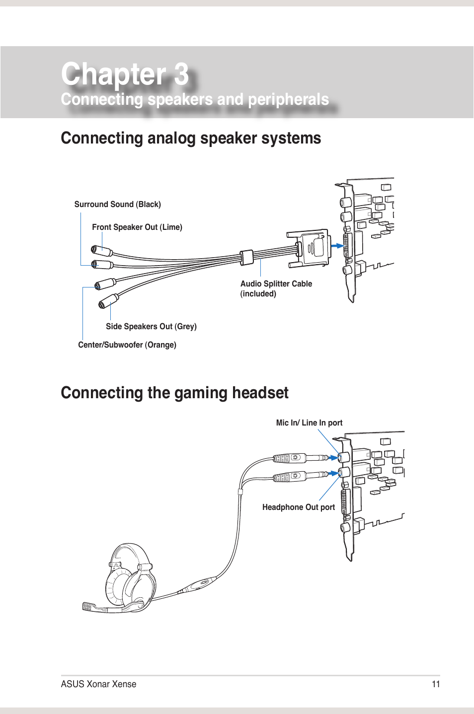 Chapter 3: connecting speakers and peripherals, Connecting analog speaker systems, Connecting the gaming headset | Connecting speakers and peripherals, Chapter 3 | Asus Xonar Xense User Manual | Page 19 / 45