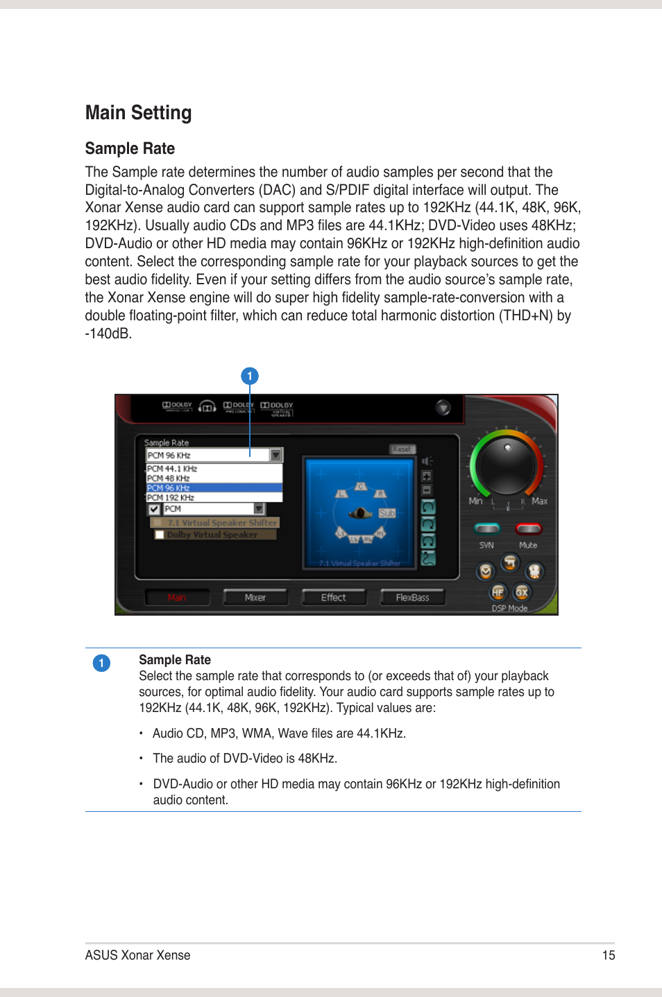 Main setting, Sample rate | Asus Xonar Xense User Manual | Page 23 / 45