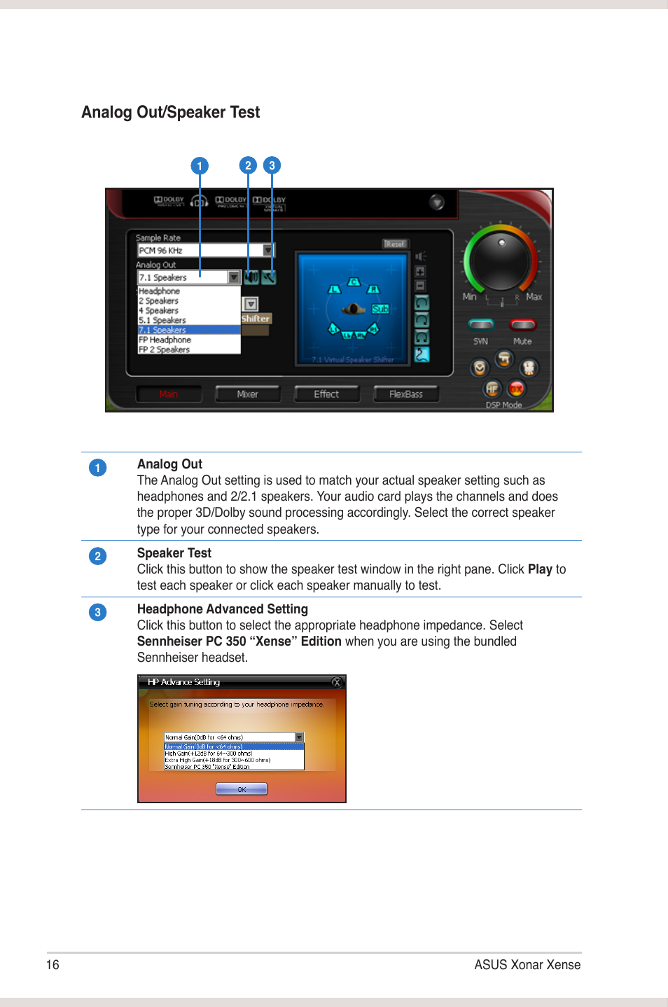 Analog out/speaker test | Asus Xonar Xense User Manual | Page 24 / 45