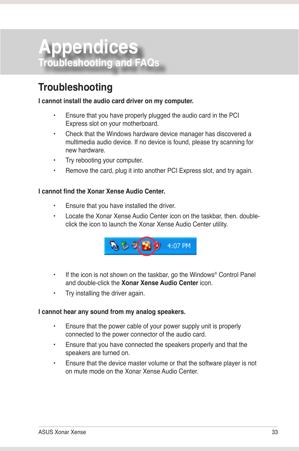 Appendices troubleshooting and faqs, Troubleshooting, Troubleshooting and faqs | Appendices | Asus Xonar Xense User Manual | Page 41 / 45