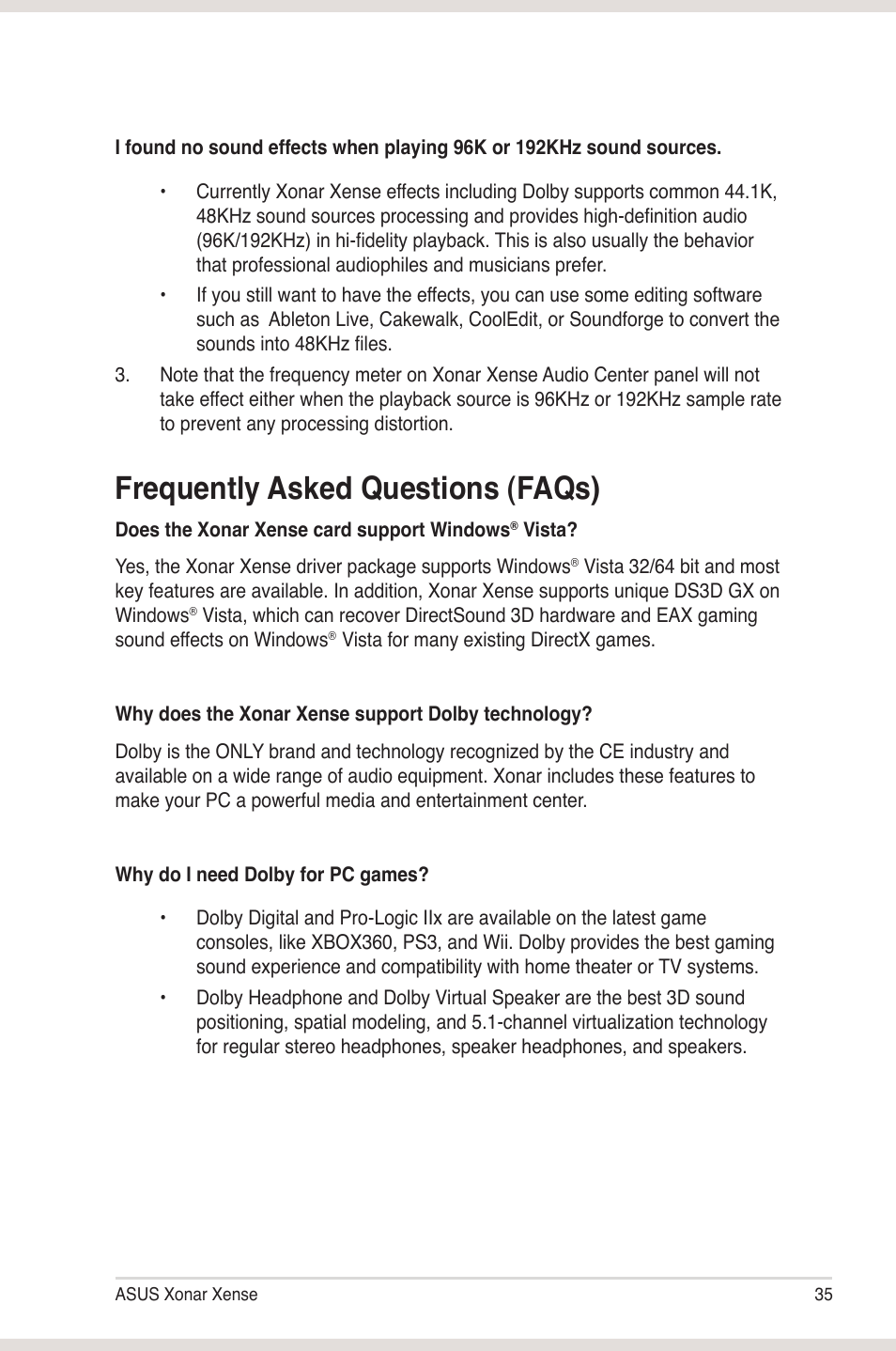 Frequently asked questions (faqs) | Asus Xonar Xense User Manual | Page 43 / 45