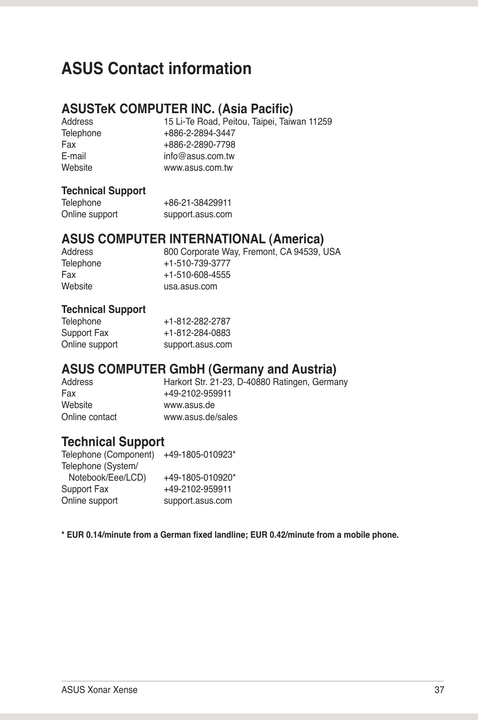 Asus contact information, Asustek computer inc. (asia pacific), Asus computer international (america) | Asus computer gmbh (germany and austria), Technical support | Asus Xonar Xense User Manual | Page 45 / 45