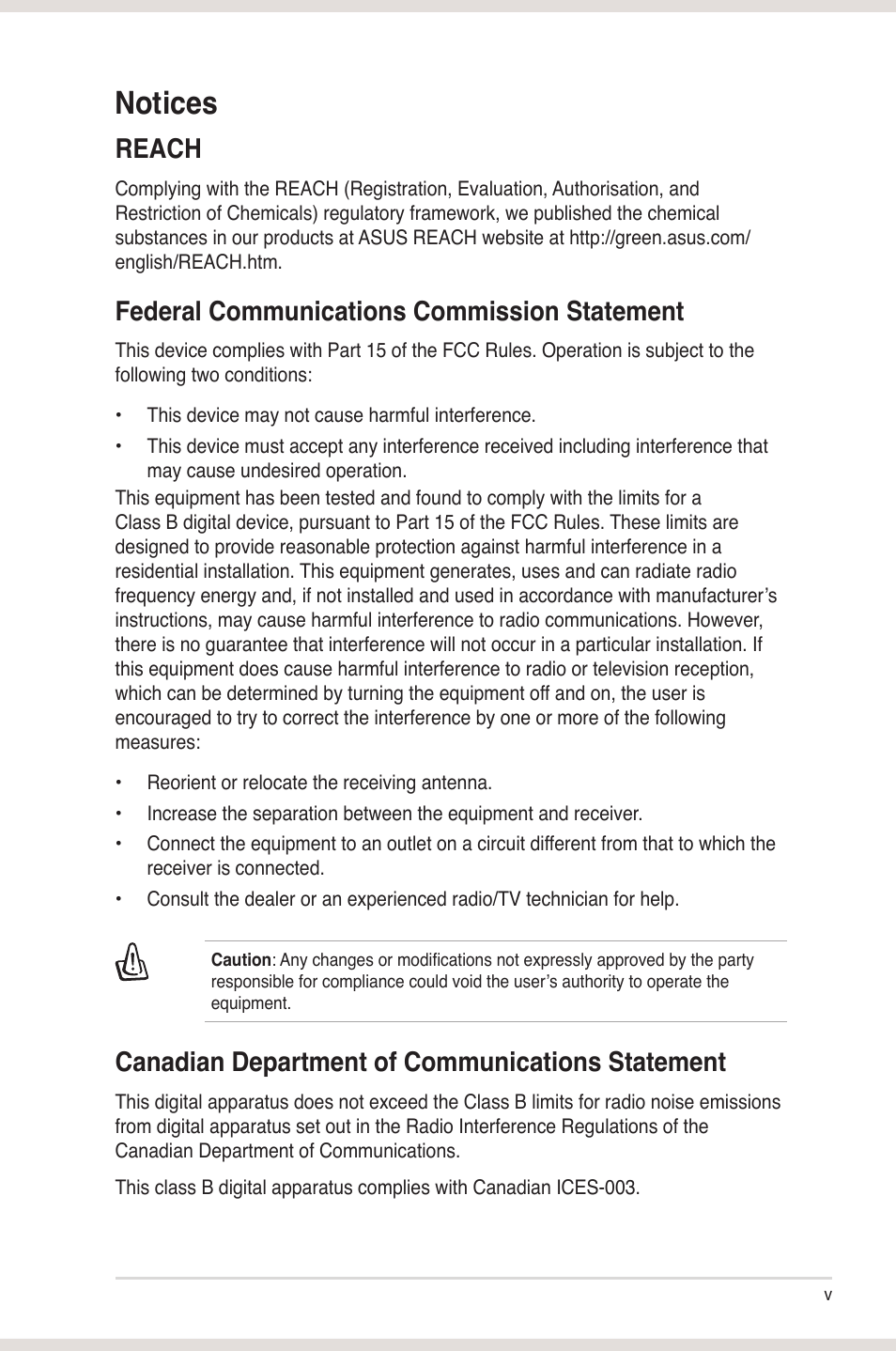 Notices, Reach, Federal communications commission statement | Canadian department of communications statement | Asus Xonar Xense User Manual | Page 5 / 45