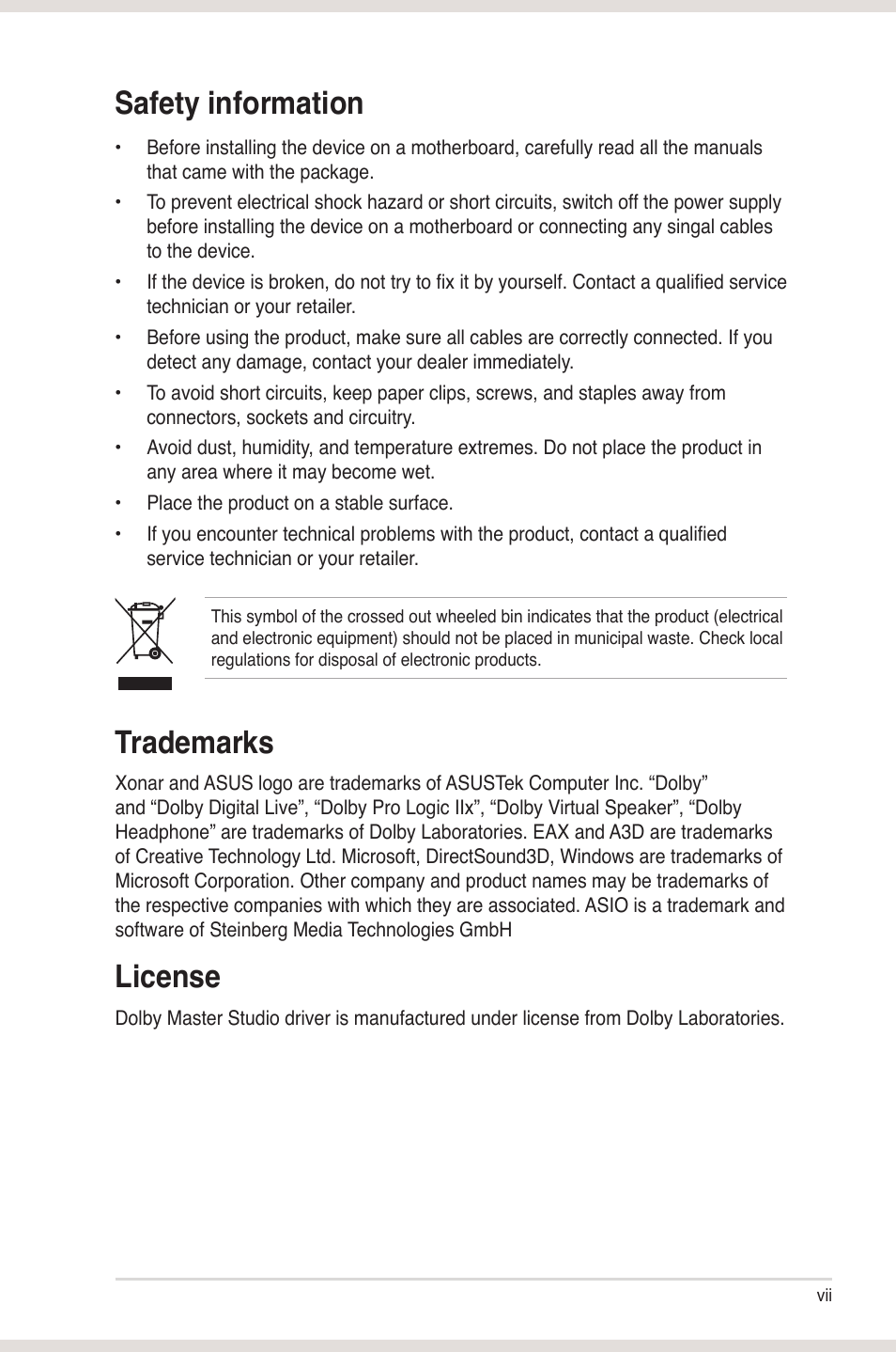 Safety information, Trademarks, License | Asus Xonar Xense User Manual | Page 7 / 45