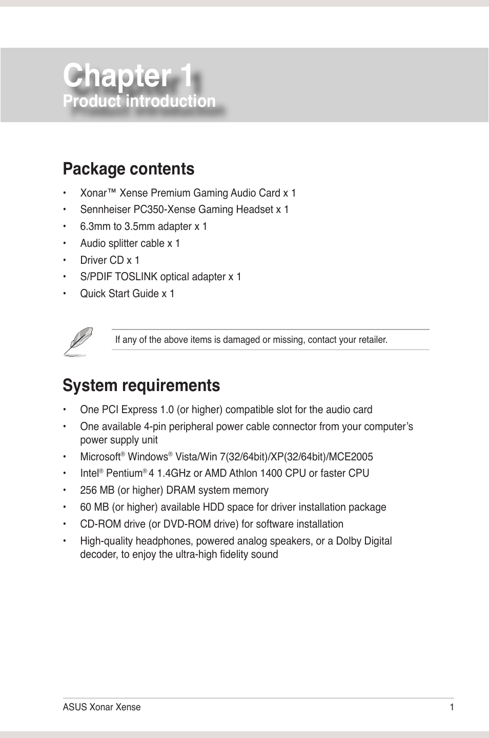 Chapter 1: product introduction, Package contents, System requirements | Product introduction, Package contents system requirements, Chapter 1 | Asus Xonar Xense User Manual | Page 9 / 45