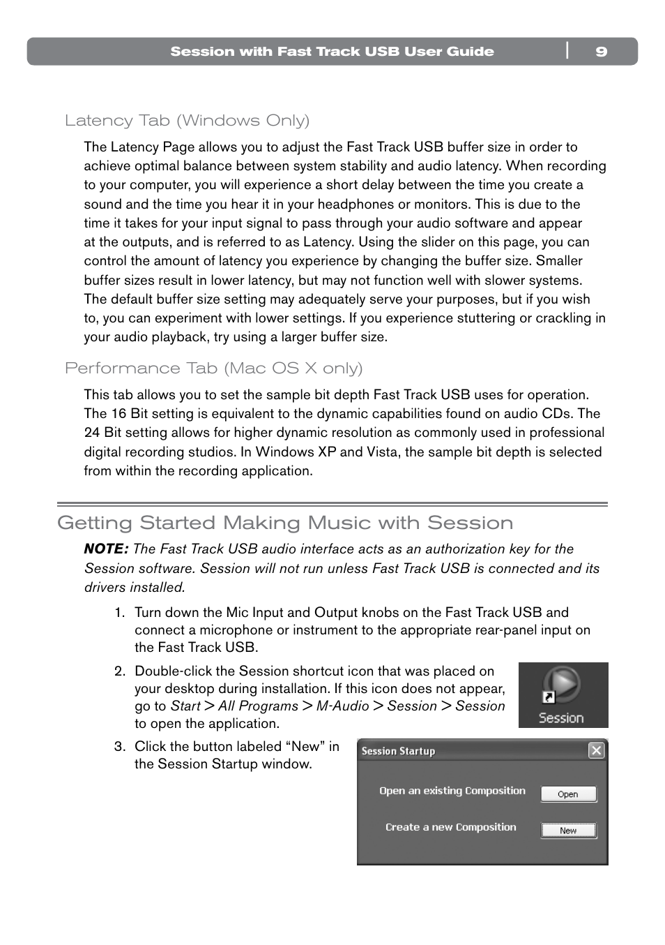 Latency tab (windows only), Performance tab (mac os x only), Getting started making music with session | M-AUDIO Session with Fast Track USB User Manual | Page 10 / 14