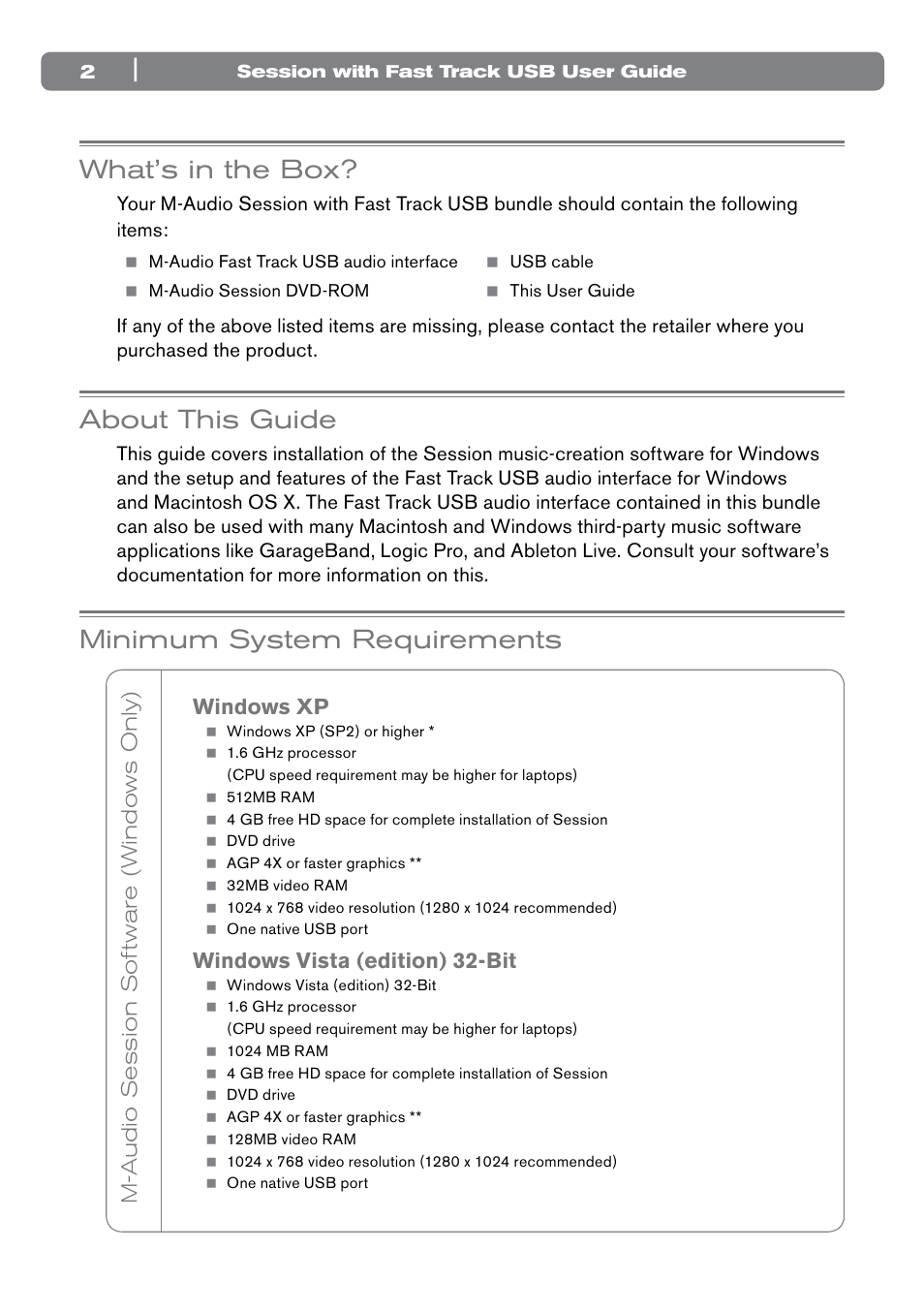 M-audio session software (windows only), Windows xp, Windows vista (edition) 32-bit | What’s in the box, About this guide, Minimum system requirements | M-AUDIO Session with Fast Track USB User Manual | Page 3 / 14